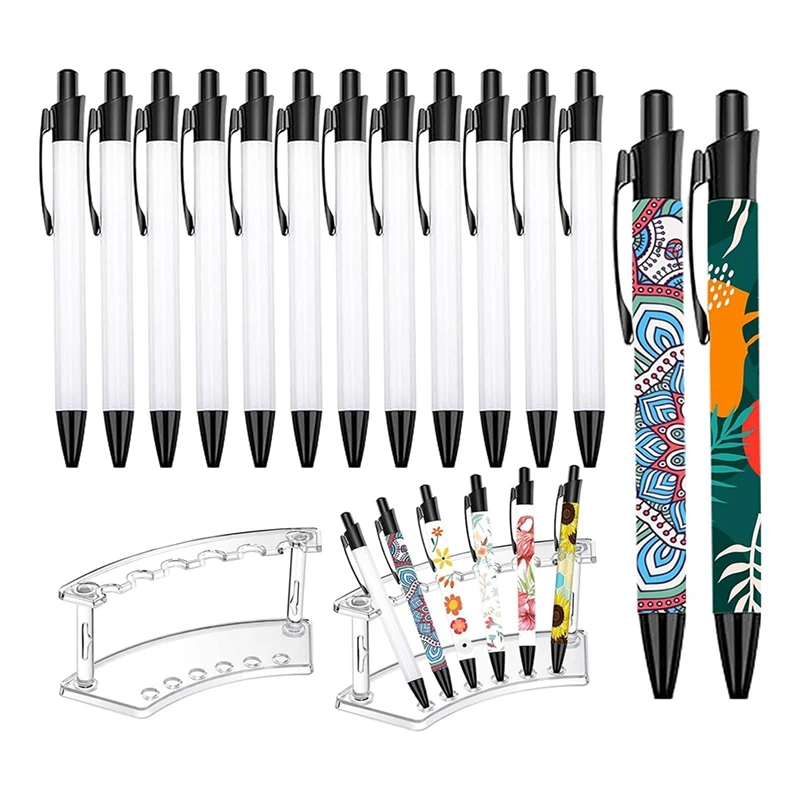 

2 Plastic Pen Holder And 12 Sublimation Pens - Blank Heat Transfer Pens,6-Slots Pen Display Stand, For Gift Home Office