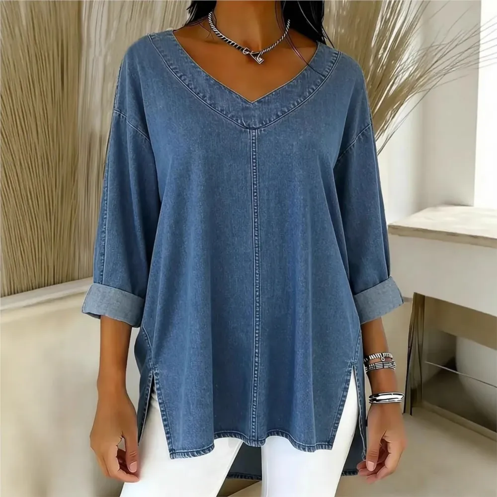 Plus Size Women's Tops Solid Color V-neck Long-sleeved Loose T-shirt Spring Autumn Casual Commuting Office Daily Fashion Blouse