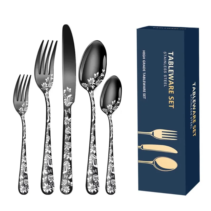 

Popular Patterned Stainless Steel Tableware Set of 5 Components and 20 Pieces Western Style Steak Knife Fork Spoon Set