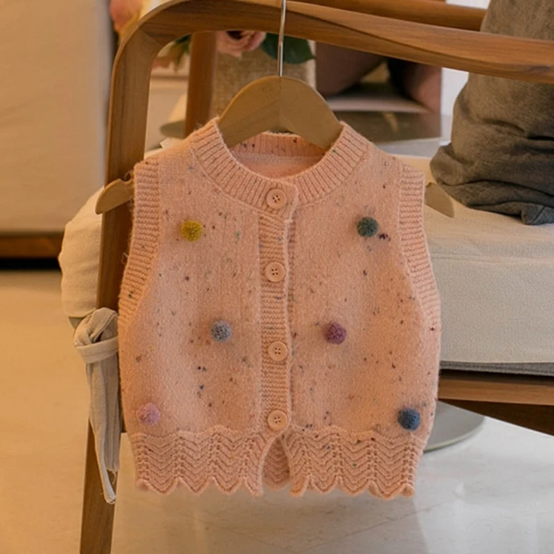 2023 Autumn New Girls\' Colorful Ball Vest Cute Button Cardigan Baby Kids Clothing Girls Fashion Kids Outfit Knitwear Tank Top