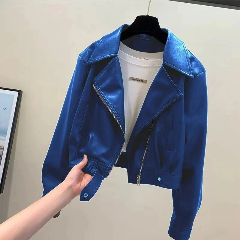 Women's Punk Rivet Leather Jacket Spring Autumn Retro Turndown Collar Slim Casual Ladies Faux Soft Leather Moto Biker Outerwear