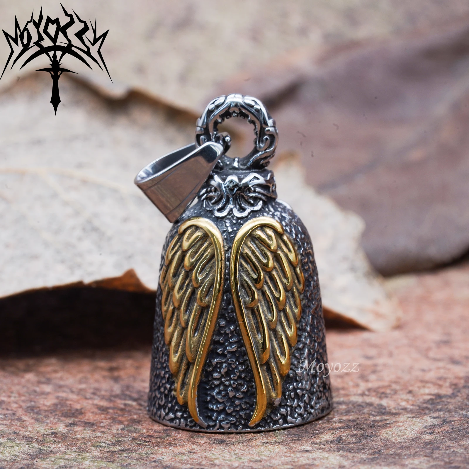 Gold Angel Wing Lucky Gremlin Ride Safe for Biker Luck Gremlin Ride 316L Stainless Steel Bell For Mens & FREE Bell Hanger