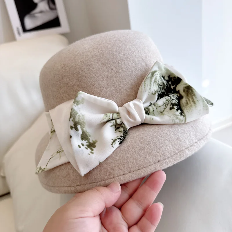 New ink painting bow ribbon lampshade hat Elegant fashion Australian wool felt top hat women's church banquet hat