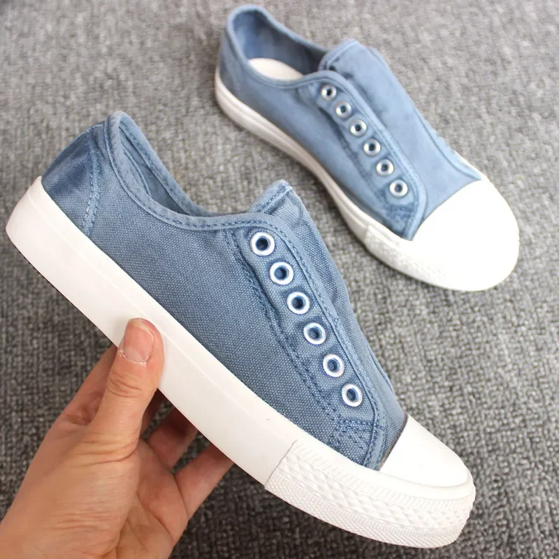 New Sneaker Women\'s Vulcanize Shoes Canvas Shoes Washed and Soft Korean Style Lazy Slip-on Shoe