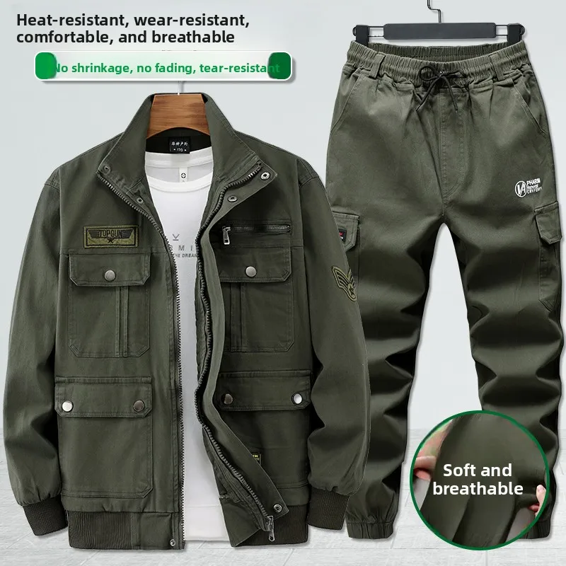 

Комплект рабочей одежды из утолщенного чистого хлопка для мужчин: весенне-осенний, камуфляжный, с защитой от перегрева, для сварщиков и рабочих.