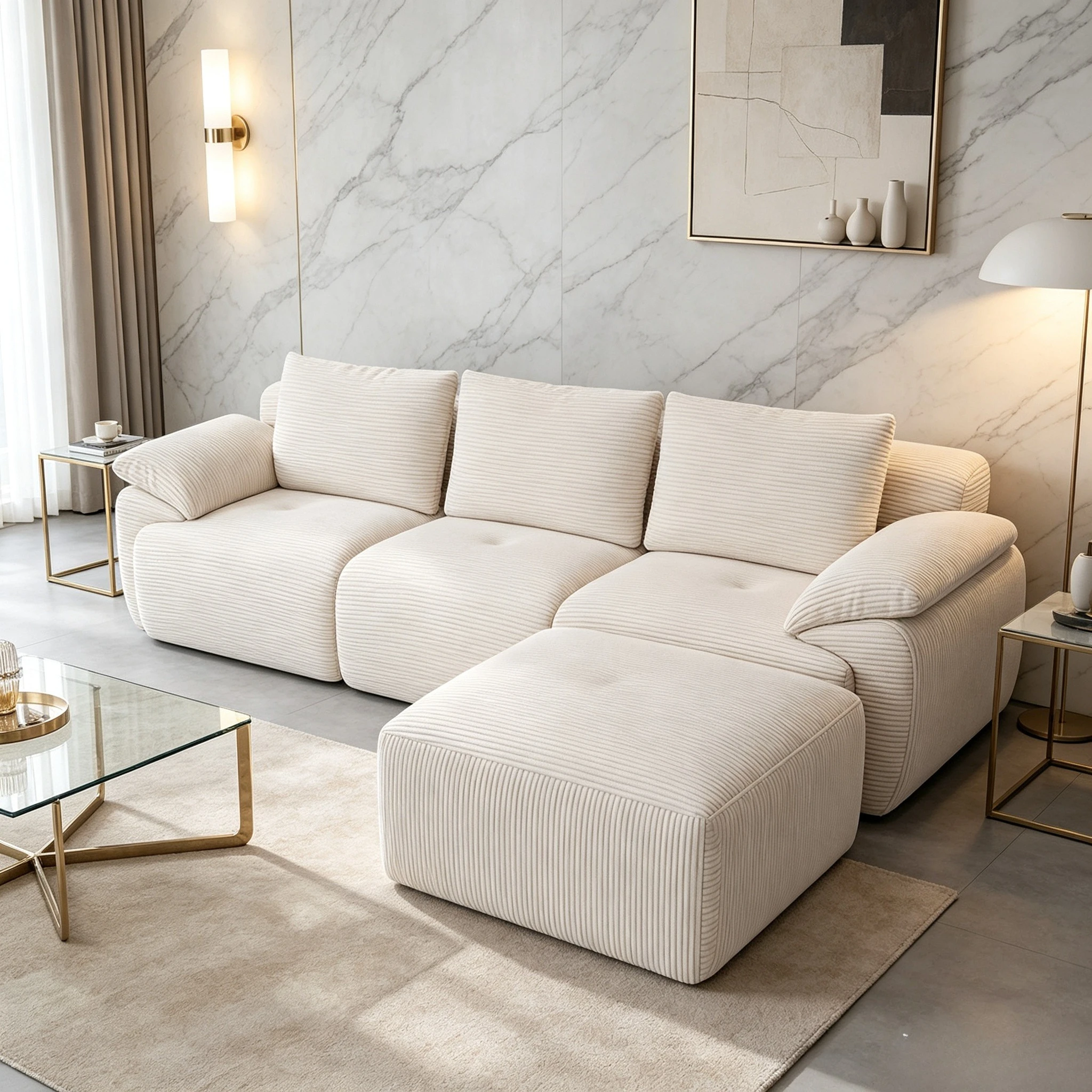 Canapé modulaire 264x161x71 cm, canapé sectionnel en forme de L avec chaise longue, canapé compressé pour salon, tissu en velours côtelé, aucun assemblage requis, gris foncé/beige