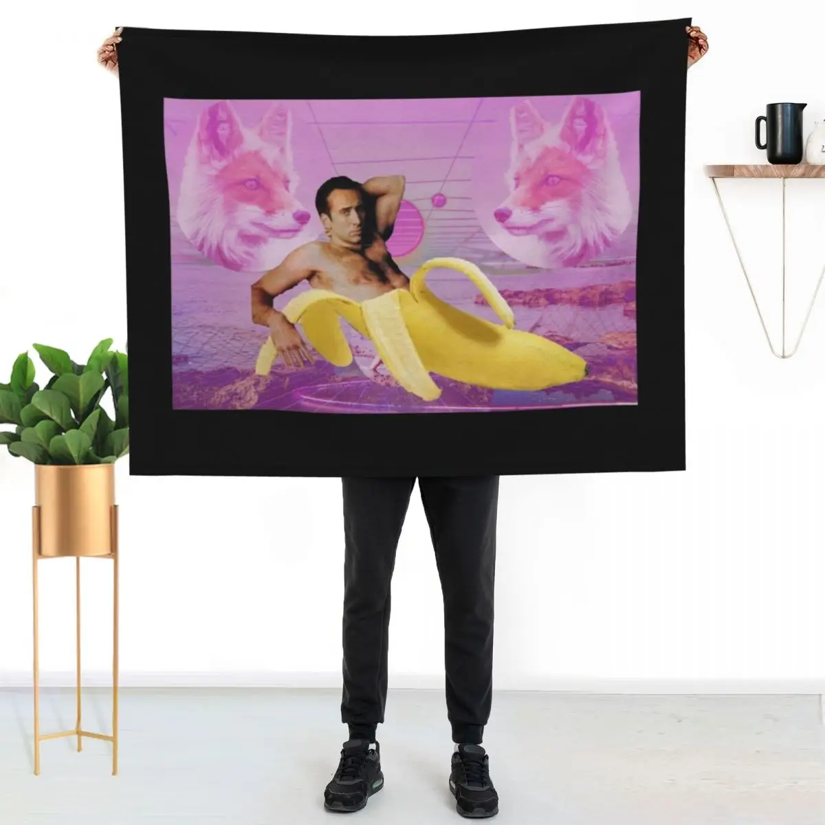 Nicholas Cage Banana Vaporwave Throw Blanket Cozy Sofa Blanket for TV Watching Napping