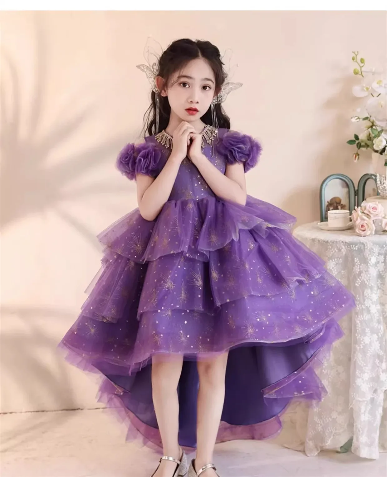 2025 Purple Tailing Girl  Elegant Princes Dresses Luxury High Grade Clothing Tulle Layered Cake for Children Outfit