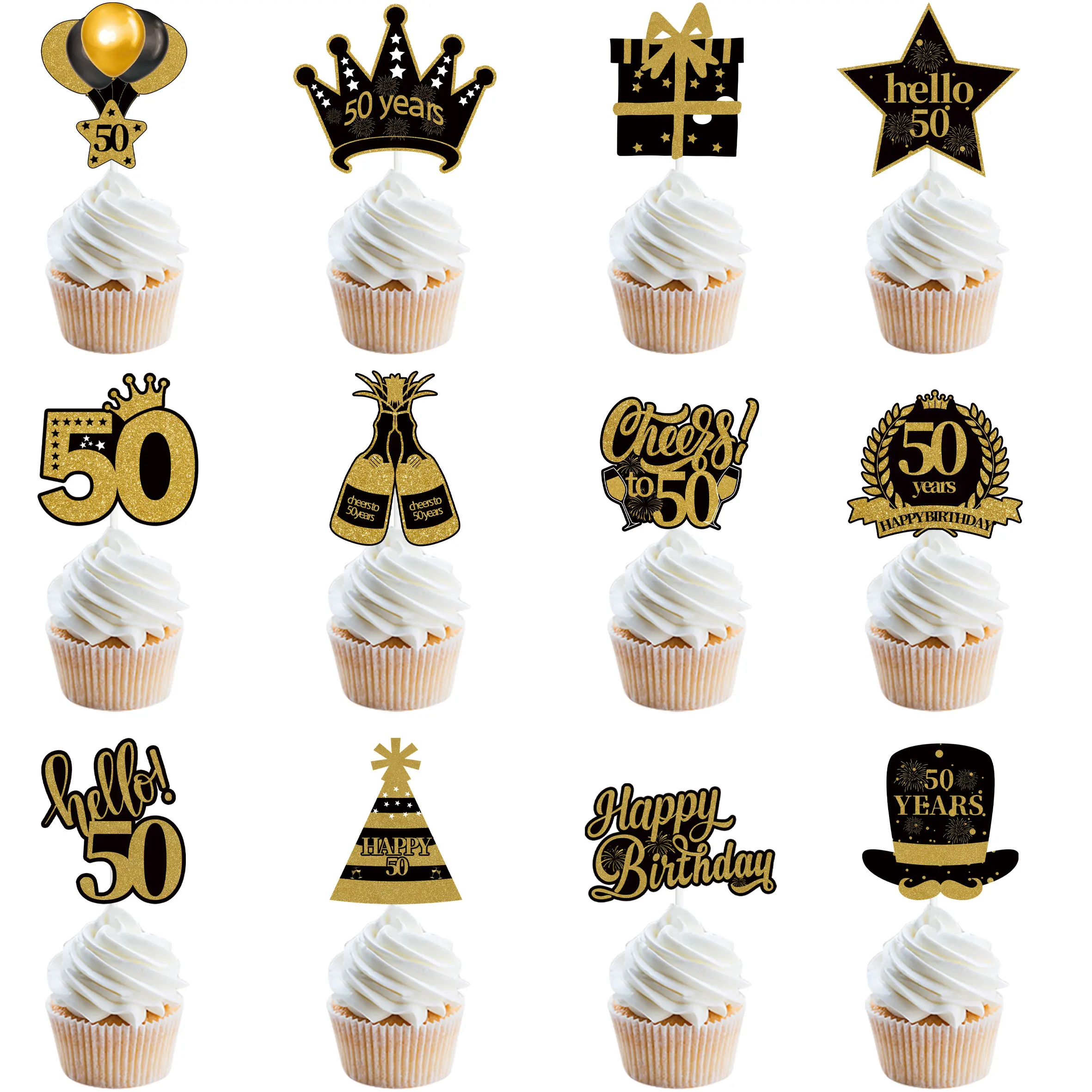 12Pcs 30th 40th 50th 60th Birthday Party Black Gold Cake Toppers Adult Birthday Anniversary 18 30 40 50 Year Birthday Supplies