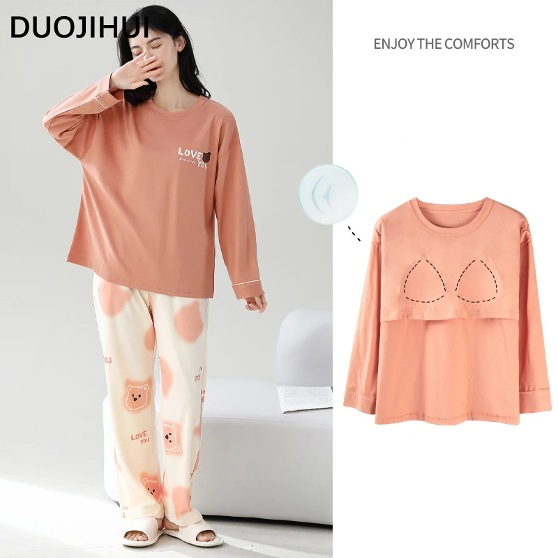 DUOJIHUI Orange Chic Printed Loose Pajamas for Women Autumn New with Chest Pad Top Simple Fashion Pant Basic Female Pajamas Set