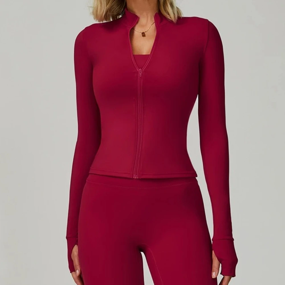 Schnell trocknendes Langarm-Reißverschluss-Workout-Yoga-Shirt, Fitnessstudio-Kleidung, Damen, aktive Kleidung, Sport-Shirt, elastische Fitnessjacke, Laufshirt