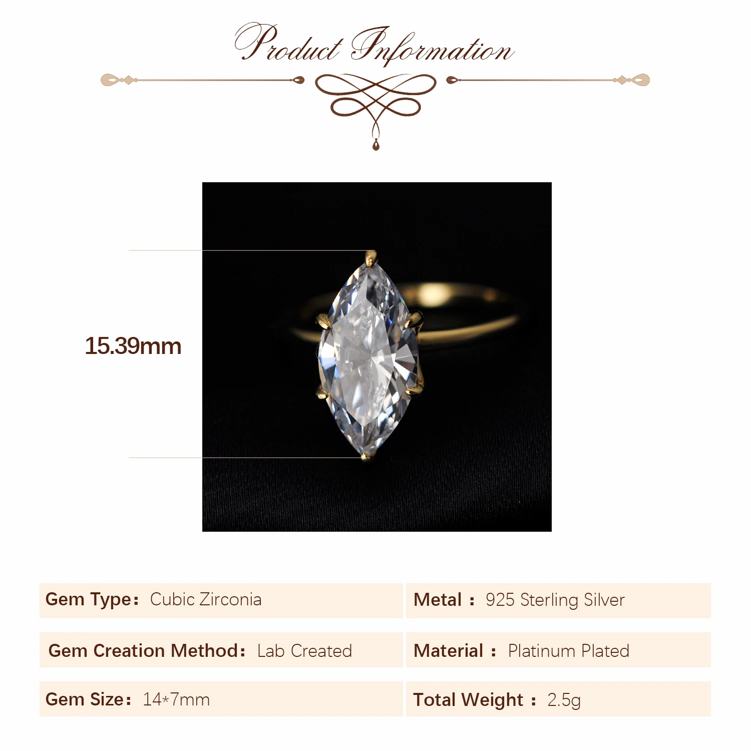 POTIY 9ct 5A Marquise-Schliff Zirkonia Solitär-Verlobungsring 925 Sterling Silber Vergoldet Brautgeschenk für Sie – Detail 4