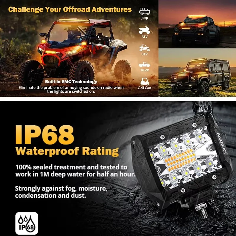 AUXBEAM LED Work Lights High Quality 3/4/7 Inch Amber White LED Square Driving Work Light Bar For Offroad Truck SUV ATV UTV Boat