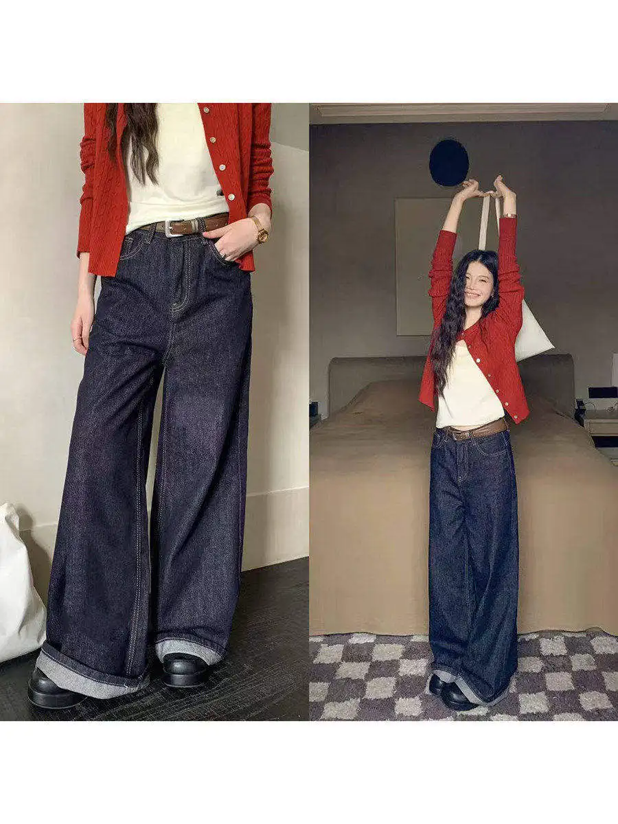 

Женские джинсы с высокой талией, широкими штанинами, прямого кроя, осенне-зимние, базовые, из денима, удобные, повседневные, высокого качества