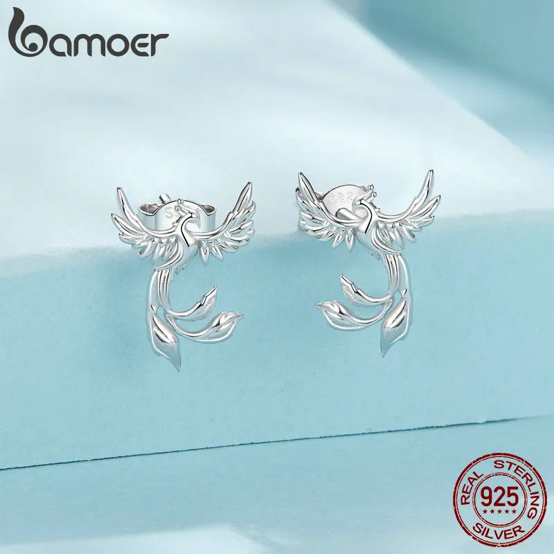 BAMOER 925 Sterling Silver Dainty Phoenix Stud Earrings Bird Hypoallergenic Earrings for Women Fine Jewelry Gifts SCE1786