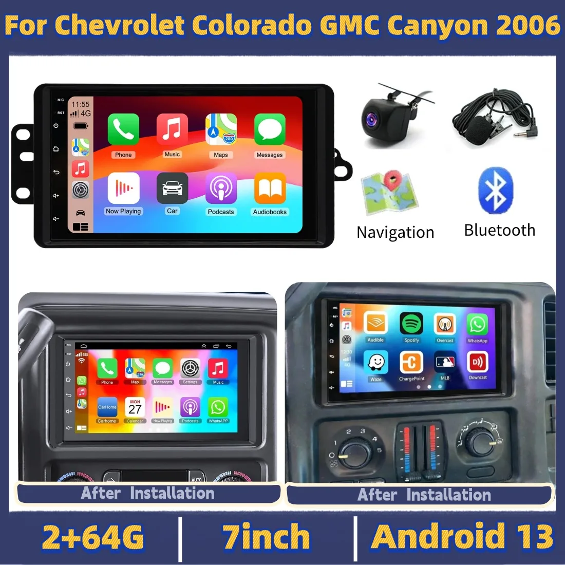 7inch Car Stereo Radio For Chevrolet Colorado GMC Canyon 2006 For Carplay Android Auto 2+64G GPS Navi Head Unit Android 13