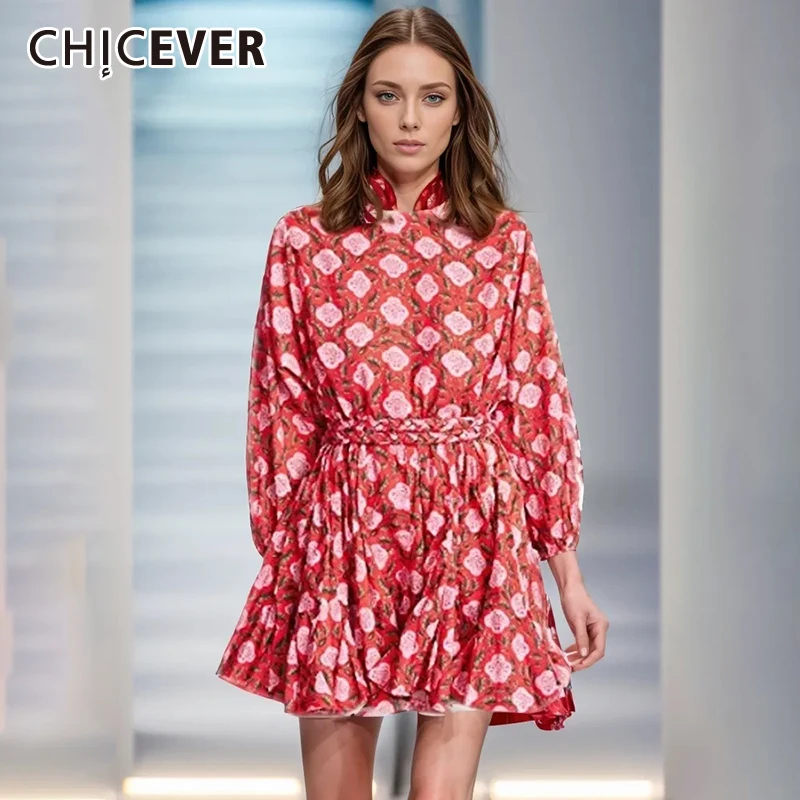 

CHICEVER Patchwork Colorblock Dress For Women Round Neck Lantern Sleeve High Waist Loose Casual mini Dresses Female Clothes New
