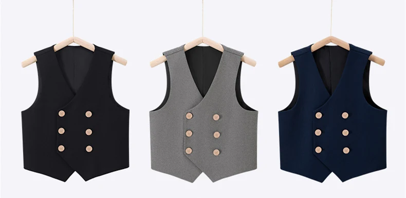 Coole Kinder-Formelle Weste für Jungen, Doppelknopf-Blazer-Weste, Mädchen-Geburtstagsfeier-Hochzeitskleidung, Kostüm in Schwarz, Grau, Königsblau – Detail 10