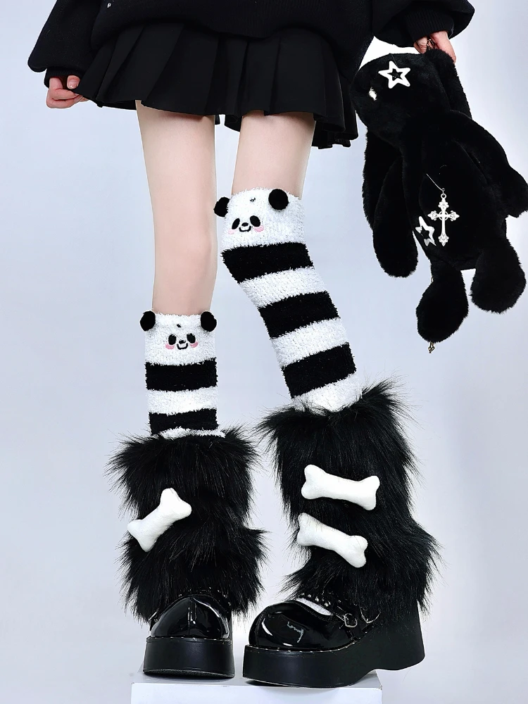 Tube Socks Women's Striped Stitching Black Leg Cartoon Bone Element Bandage Panda Thickened Warm Knee Socks Fashion All-Match1Pc