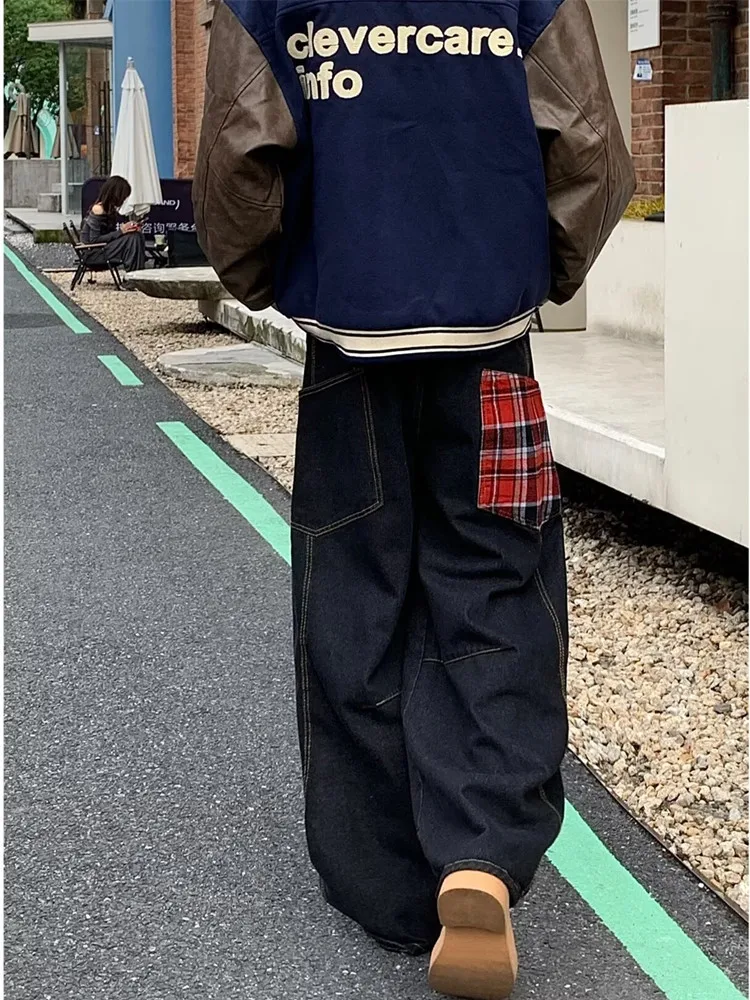 2025 Trashy Y2K Streetwear Red Plaid Washed Black Baggy Cargo Jeans Pants For Men Clothing Straight Long Trousers Ropa Hombre
