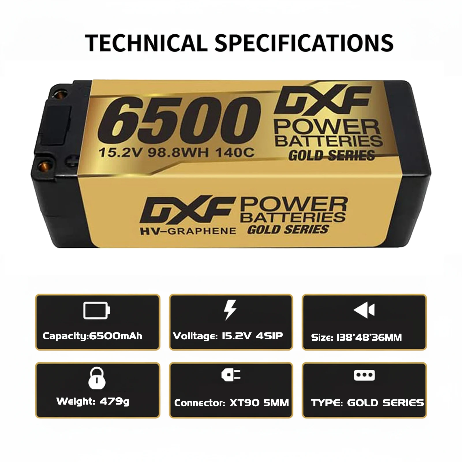Batterie Lipo DXF 4S 15.2V 6500mAh 140C 5mm EC5 XT90 Plug LCG Hardcase pour Buggy 1/8, Truggy Graphene, Voiture Tout-Terrain, Camion de Course