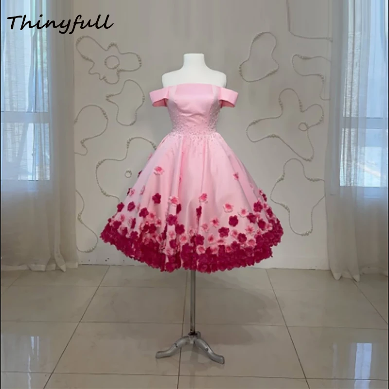 

Thinyfull 3D Flowers A-line Prom Dresses Strapless Satin Pearls Evening Gown Special Occasion Dress Robe De Soirée Customized