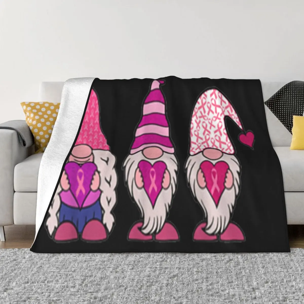 Nordic Gnomes Holding Pink Ribbon Breast Cancer Awareness Many Colors Holiday Breathable Throw Blanket