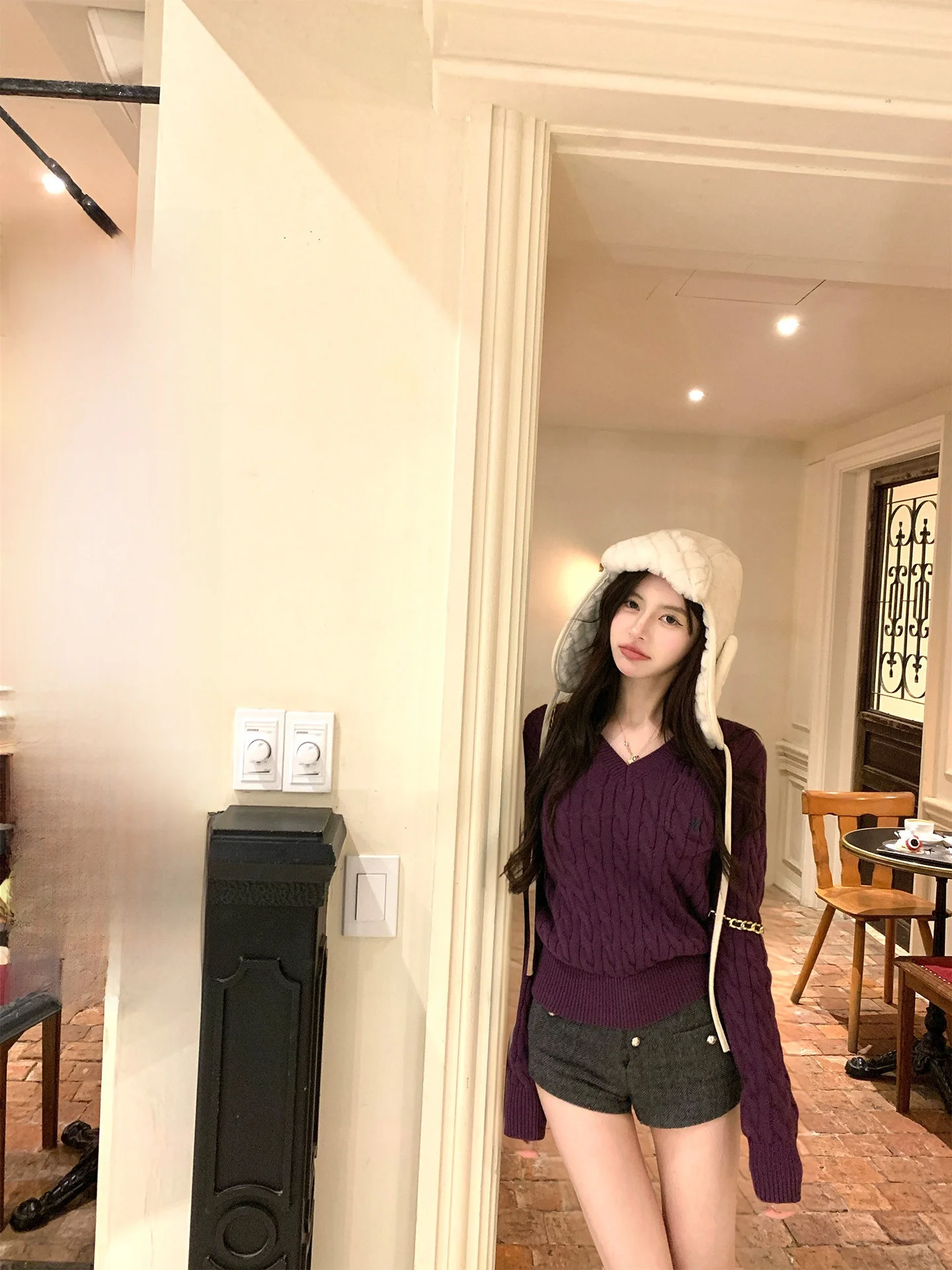 

Autumn Winter High Frequency Match Chen Jin Long Legged Partner Woolen Plaid Texture Anti-Aging orts Casual High Waist B...