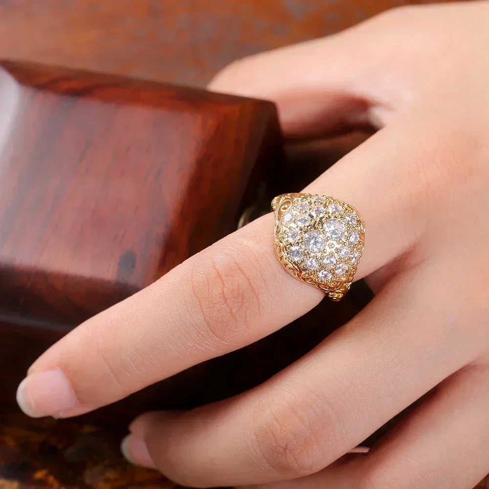 Gorgeous Gold Color Bridal Wedding Rings Full Cubic Zirconia Brilliant Lady Party Accessories High-quality Women Jewelry