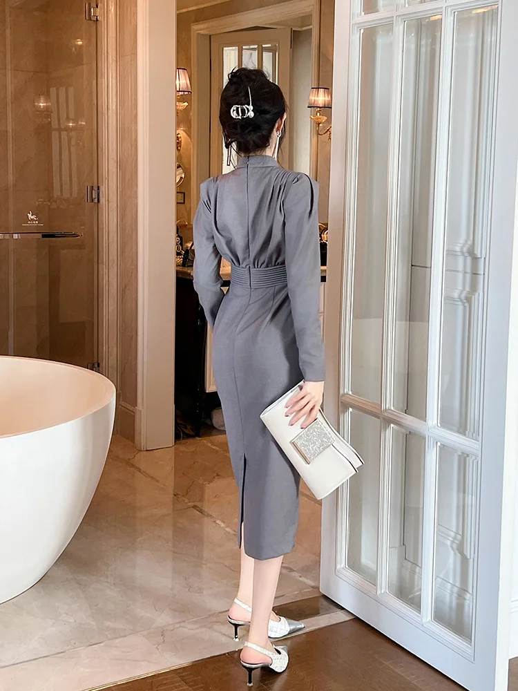 

Coigarsam Elegant Dresses For Women New Office Lady Vintage Solid Zipper O-Neck High Waist Folds Orange Gray Dress