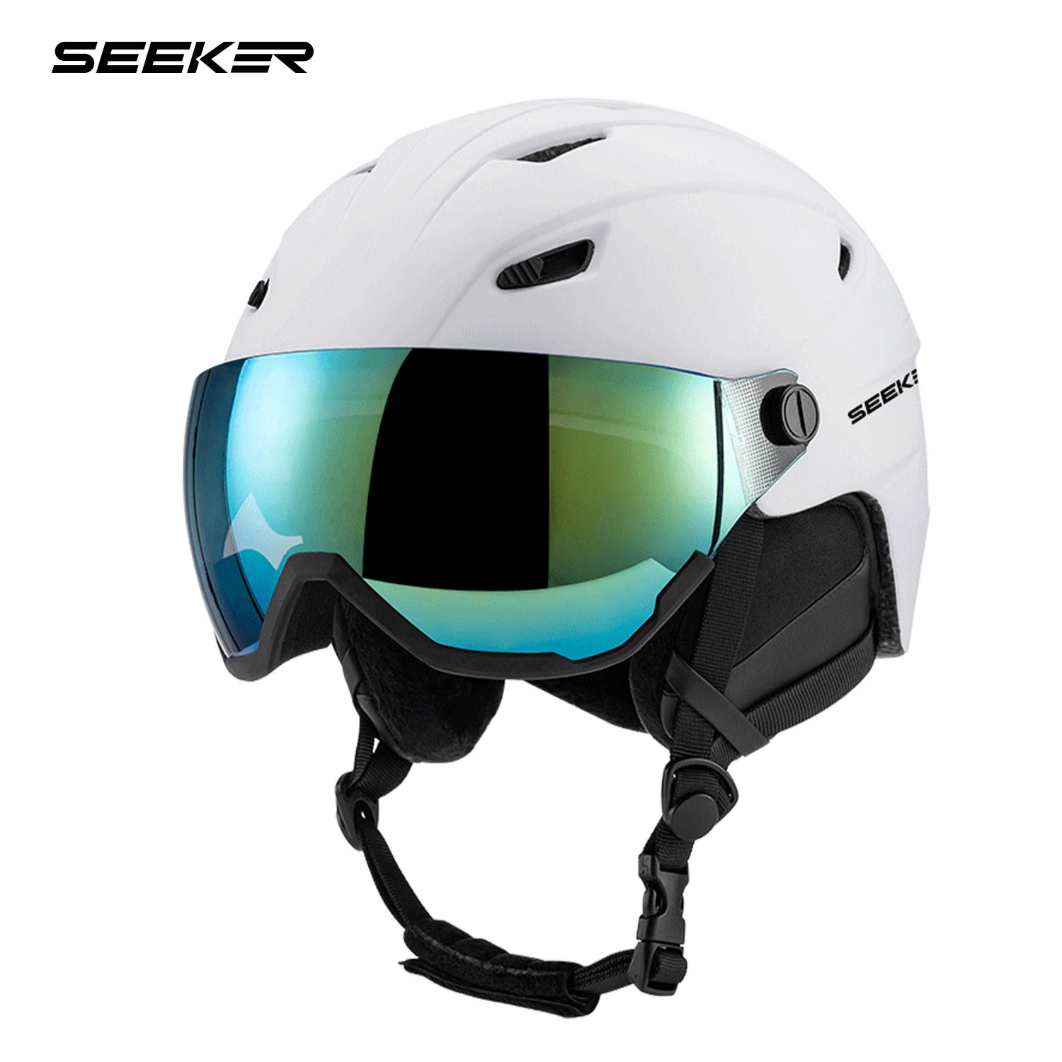seeker-スキーヘルメット（男女兼用）。一体型スノーゴーグル、衝撃吸収機能付き。シングルボードおよびダブルボードのスキースポーツ用。