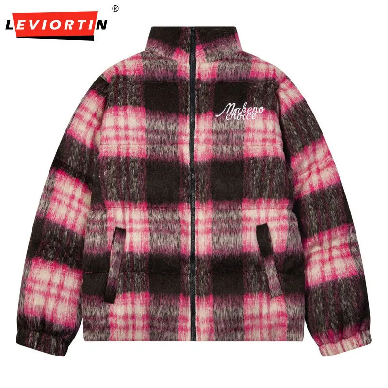 

Trendy retro loose casual couple cotton jacket, high street American plaid contrasting letters embroidery cotton jacket KE-1518