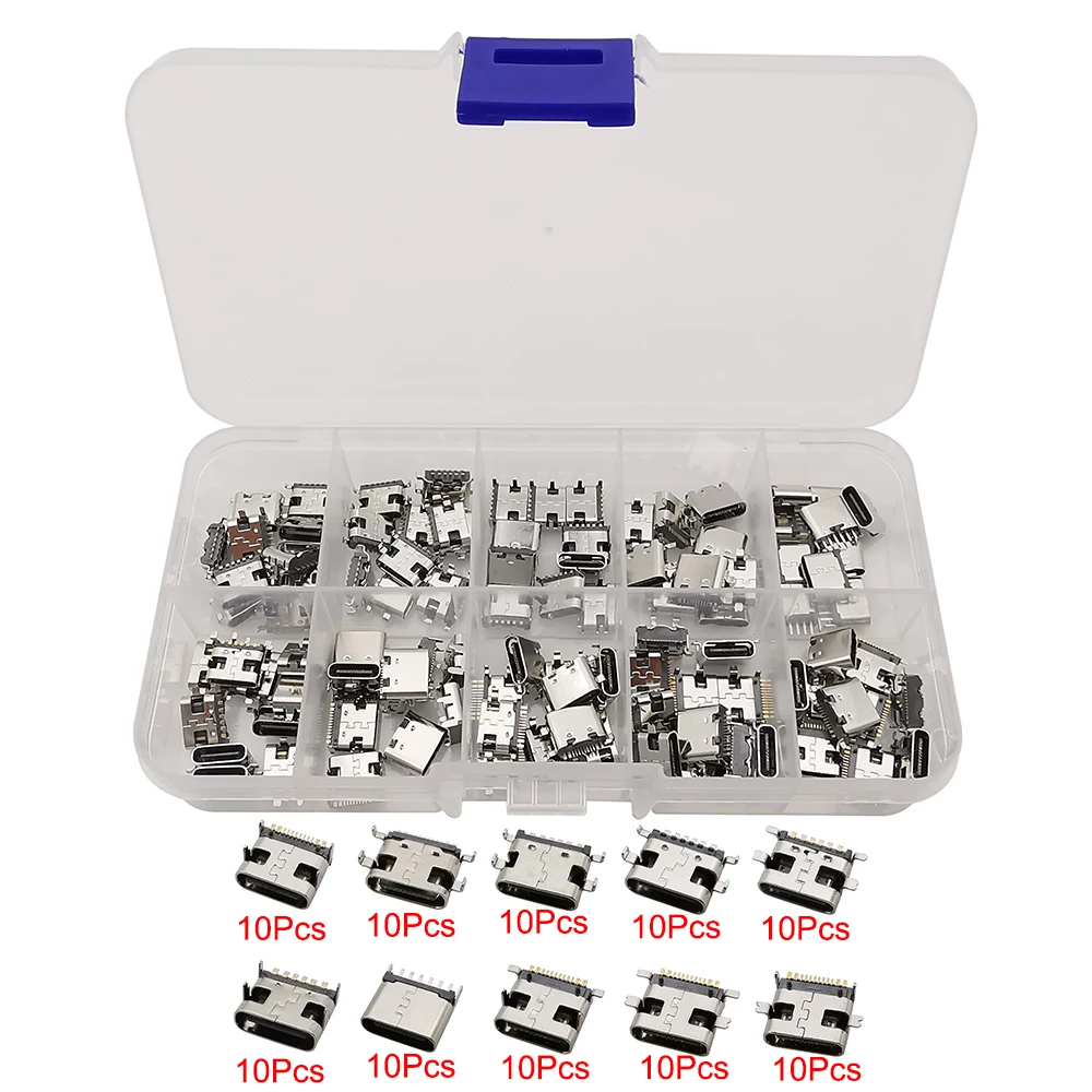 100Pcs/Box Type-C USB Female Charging Socket Connector 2Pin 6Pin 16Pin PCB Soldering DIY Repair Type C Jack Charger Adapter