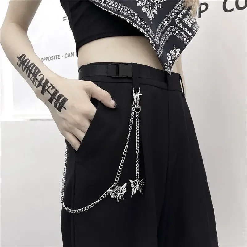 Harajuku Streetwear Women Pants with Belt Chain Hip Hop Loose Hollow Pants Woman Summer Design Straight Leg Trousers S-3XL