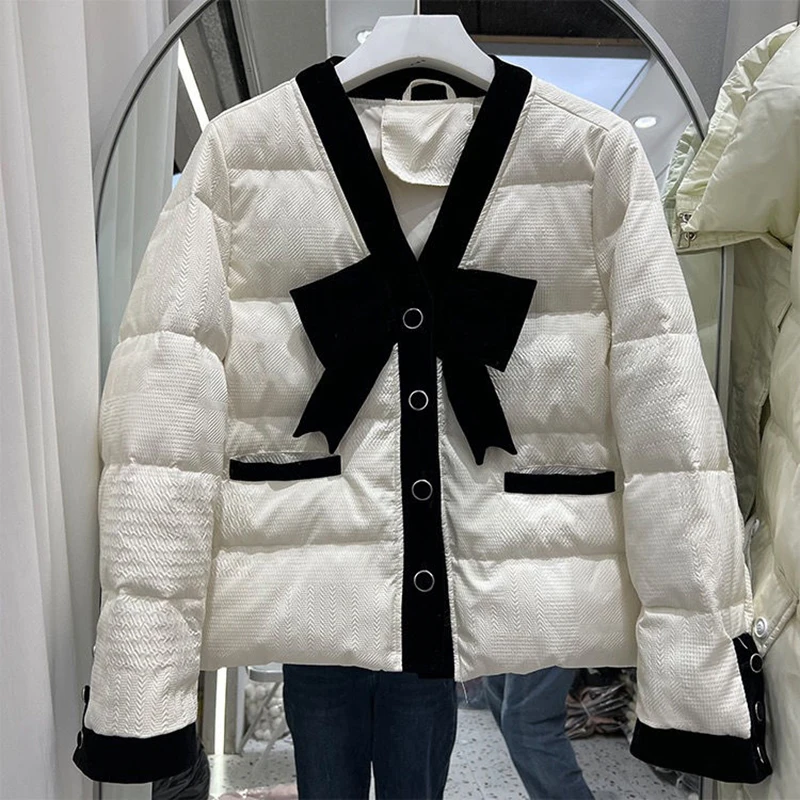 2024 Small Fragrant Winter Jacket Chic Bow V Neck Parka Ultra Light Warm Casual Coat Cotton Padded Parka Fashion Loose Outwear