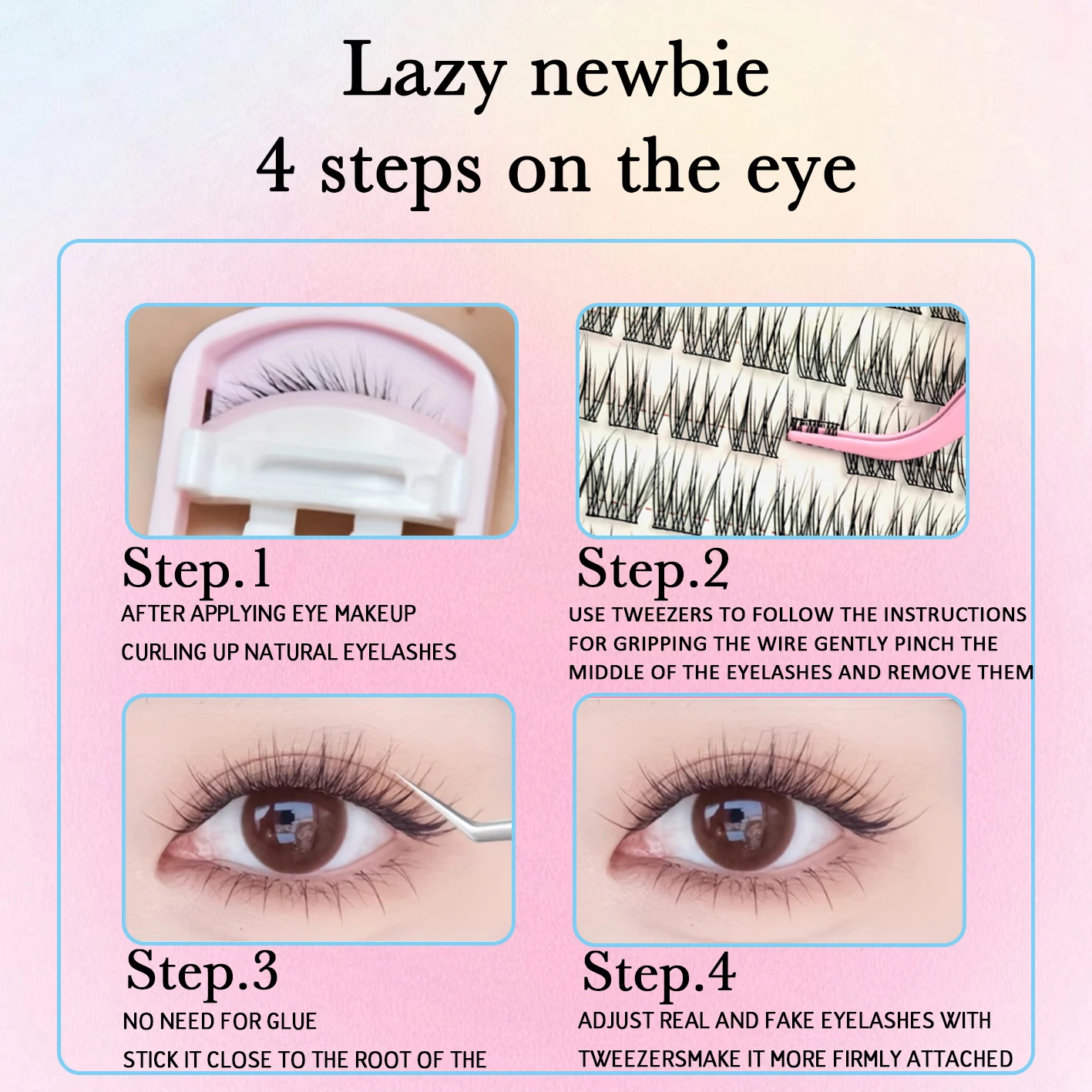 110 Stück selbstklebende Wimpern im dreifachen Fischschwanz-Stil, extrem feiner schwarzer Stiel, künstliche Wimpern, klar, transparent, natürlicher Look – Detail 8