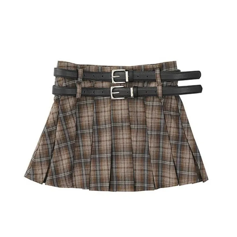 

Y2k Sweet Kawaii Women Plaid Skirt Free Gift Belt High Waist Pleated Mini Skirt Vintage Harajuku College Style Streetwear New