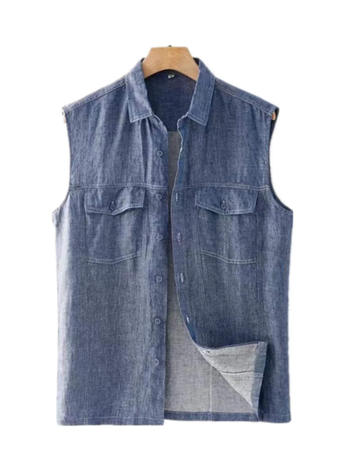 

Американская тонкая хлопково-льняная мужская повседневная куртка-жилет с отложным воротником для лета и весны, дышащая, впитывающая пот, городская