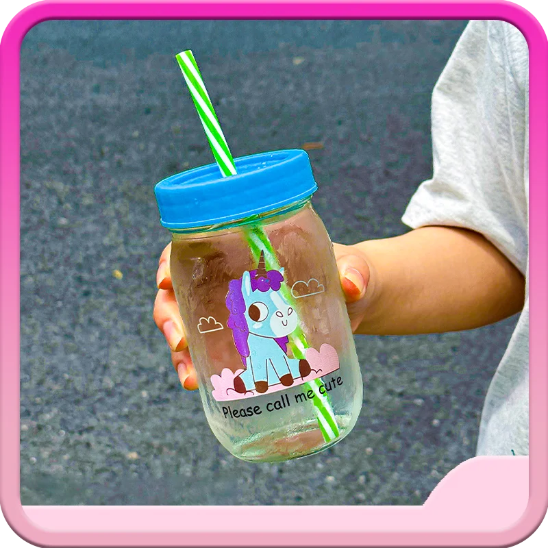 480ml Mason Bottle Straw Large Glass Unicorn Water Cup Milk Tea Cup Holiday Birthday Gift Water Cup Home Ornaments Animation