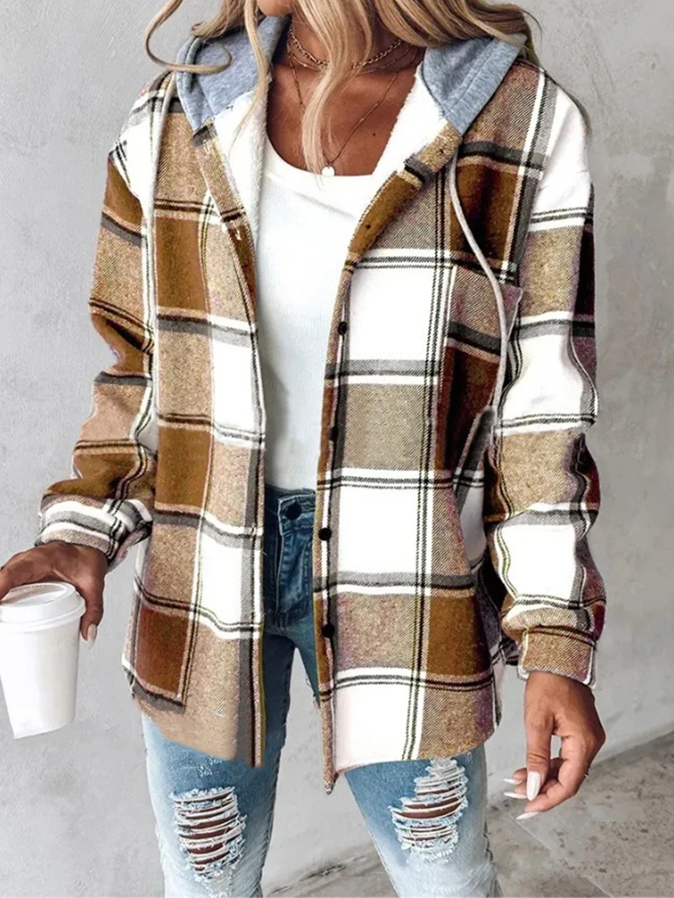 

Женское зимнее модное клетчатое пальто с капюшоном средней длины и длинными рукавами, удобная уличная повседневная верхняя одежда