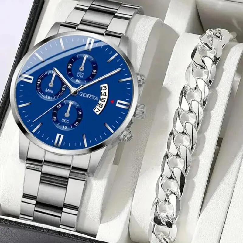 Fashion Mens Stainless Steel Watches Luxury Quartz Wristwatch Calendar Clock Men Business Casual Watch Bracelet Set