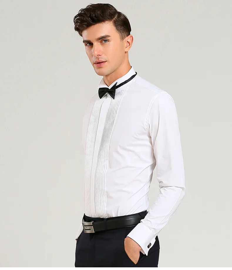 

Classic Winged Collar Dress Shirt Men's Wingtip Tuxedo Formal Shirts with Red Black Bow Tie Party Dinner Wedding Bridegroom Tops