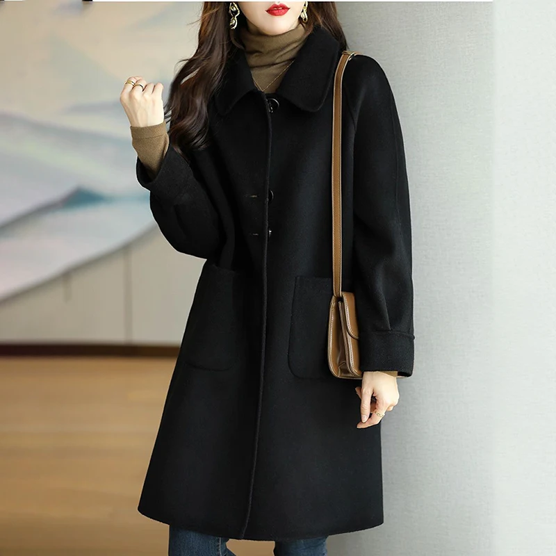 Female\'s Woolen Coats Jackets Lapel Wool Cardigan Long Sleeve Coat For Women 2024 New Ins Casual Commuter Overcoat Streetwear