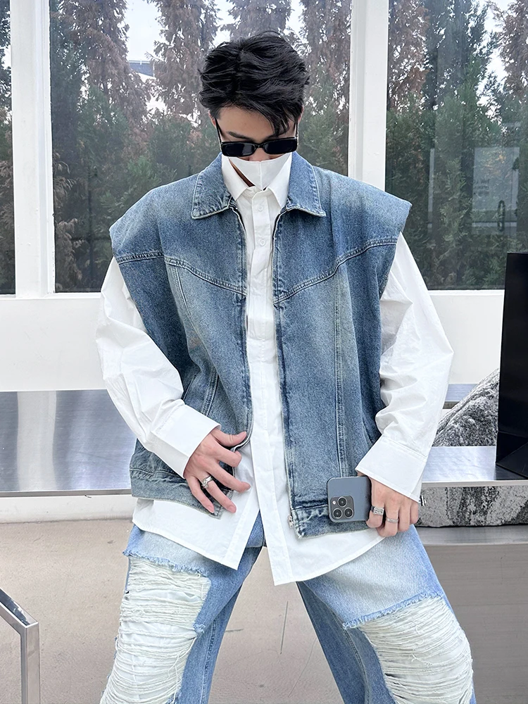 High Street Men Oversized Vest Top Shoulder Padded Sleeveless Denim Jacket Spring Loose Fashion Cowboy Waistcoat Vintage Vests