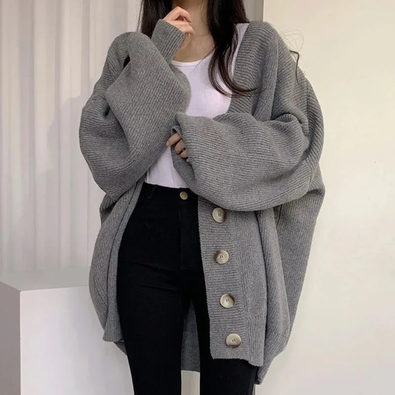 Lucyever Winter New Women Knitted Cardigan Casual Loose V-Neck Single-Breasted Sweater Coat Female Lantern Sleeve Warm Sweaters