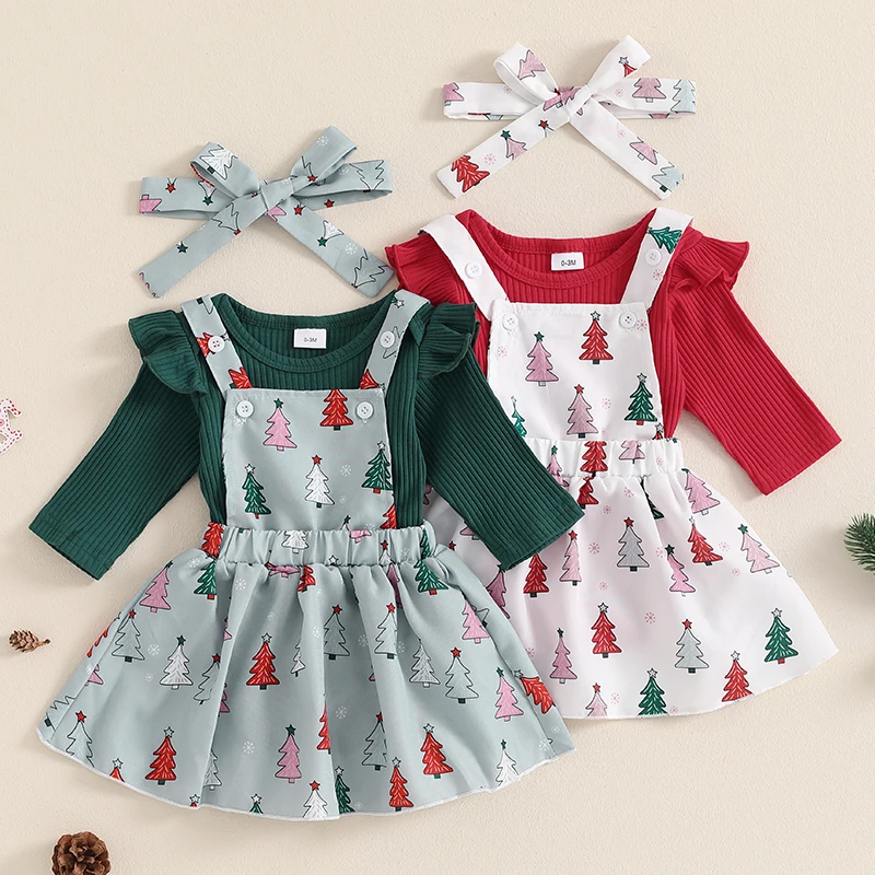 

Baby Clothing Girls Fall Outfit Ribbed Long Sleeve Romper Christmas Tree Print Suspender Skirt Headband Clothes Set