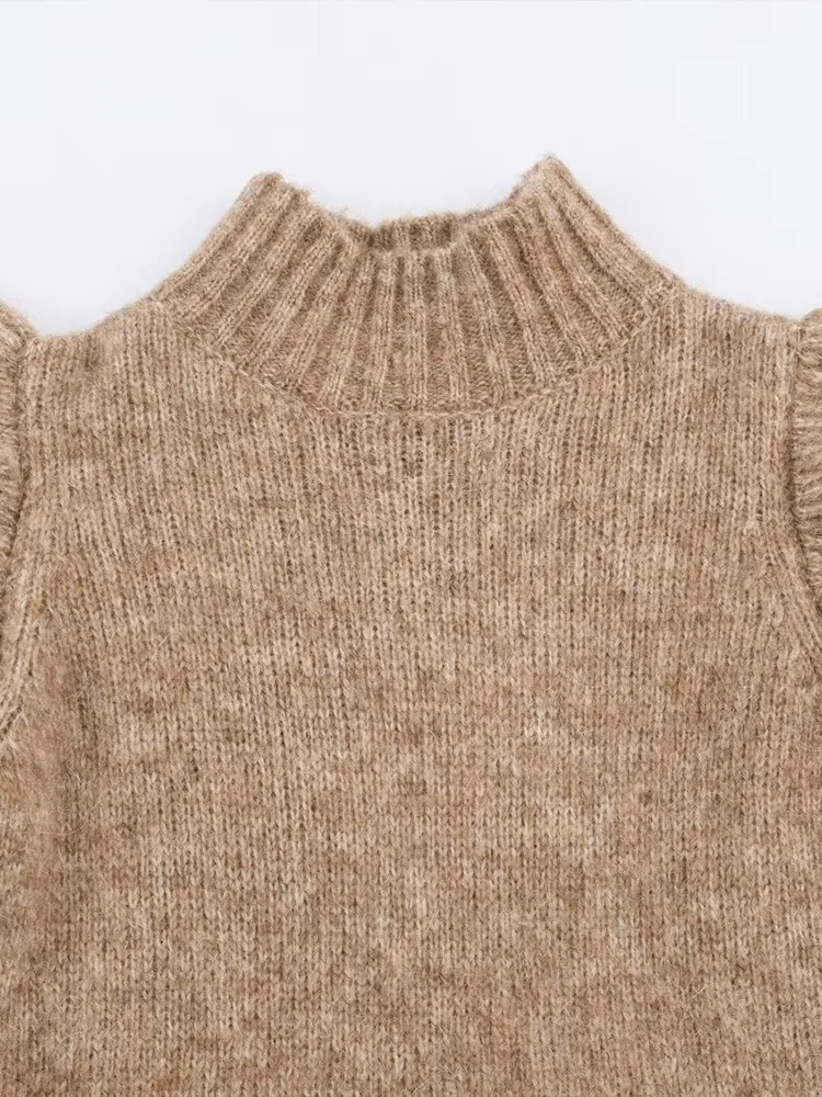 أزياء نسائية جديدة على الطراز الأوروبي، متعددة الاستخدامات، أنيقة بلون سادة ورقبة عالية وطبقات مزخرفة سترة متماسكة