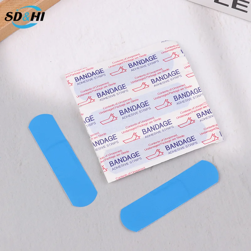 Emplastros adesivos médicos impermeáveis, remendo de molho de ferida, ataduras de primeiros socorros, azul, emplastros detectáveis, 100pcs por conjunto