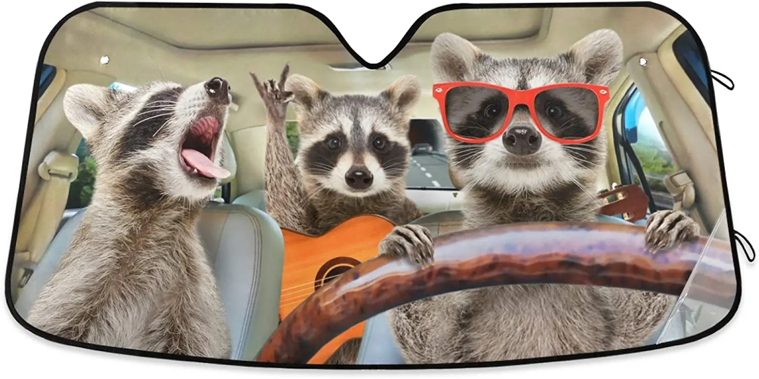 

Three Funny Raccoon Front Windshield Sun Shade for SUV Trucks Car, Music Animals Trip Accordion Folding Auto Front Window Sunsha