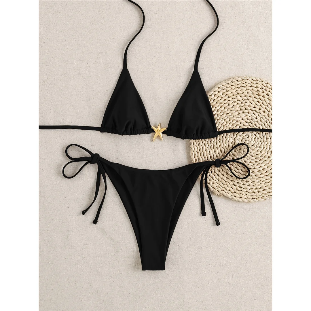 XS - L Metall-Stern-Halterneck-Bikini mit hohem Beinausschnitt, zweiteiliger Damen-Bikini, Badeanzug, Badebekleidung, Badeanzug, Schwimmbekleidung V6633 – Detail 8